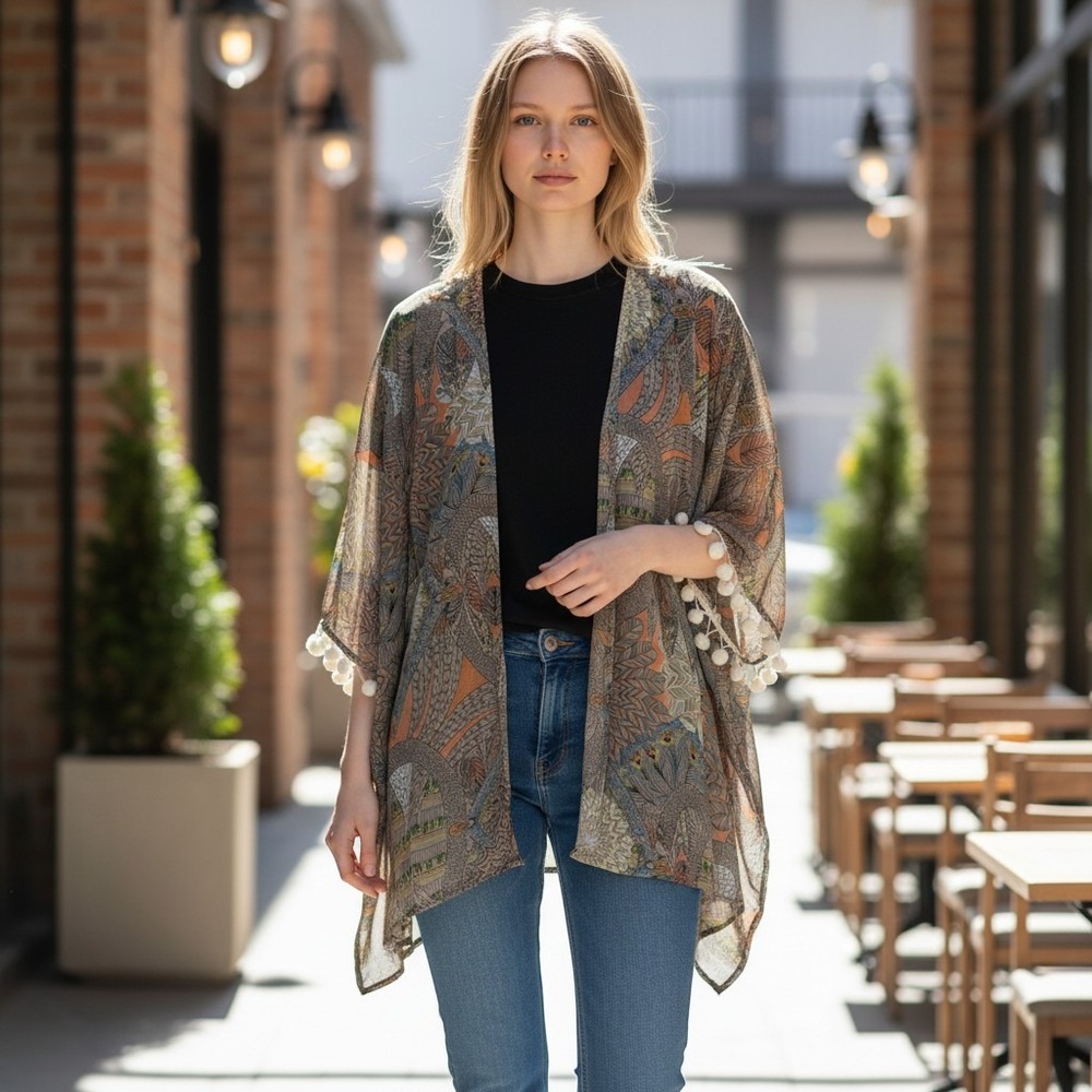 Umgee Kimono Women S/M Brown Boho Mandala Peacock Feather Pom Pom‎ Wrap